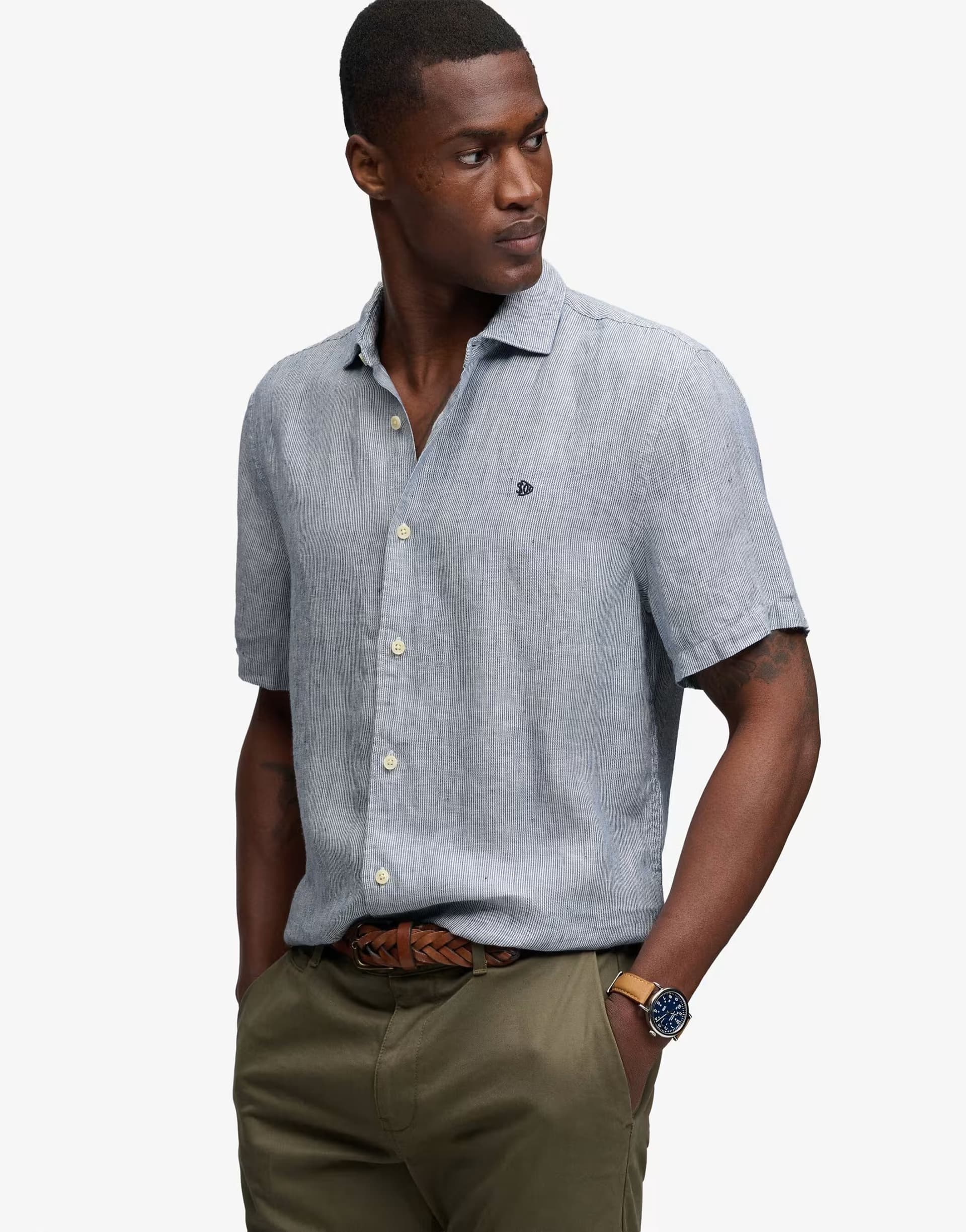 ASOS Superdry Riviera short sleeve linen shirt in ticking navy stripe