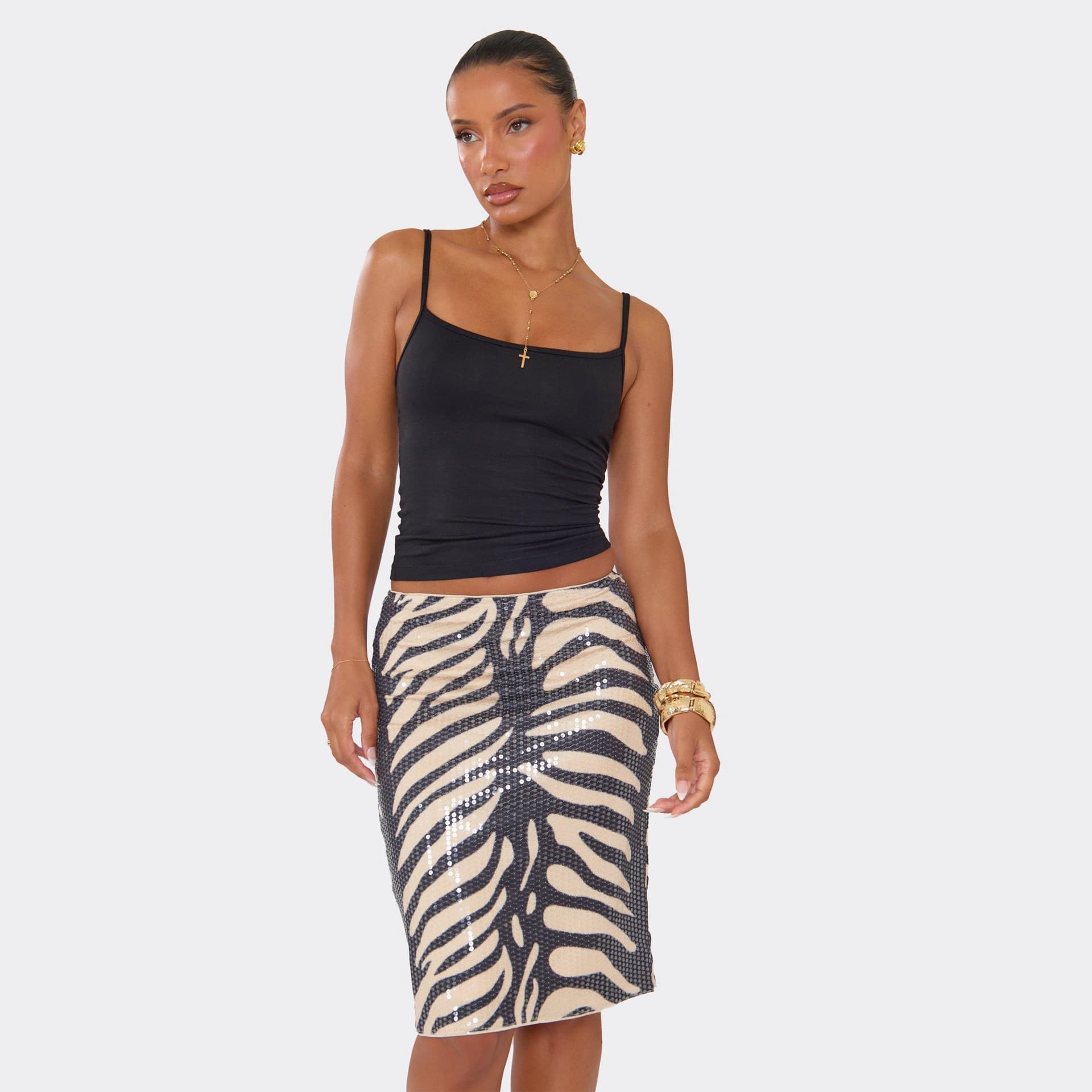 EGO Low Rise Midi Skirt In Zebra Print Sequin, Women's Size UK 6