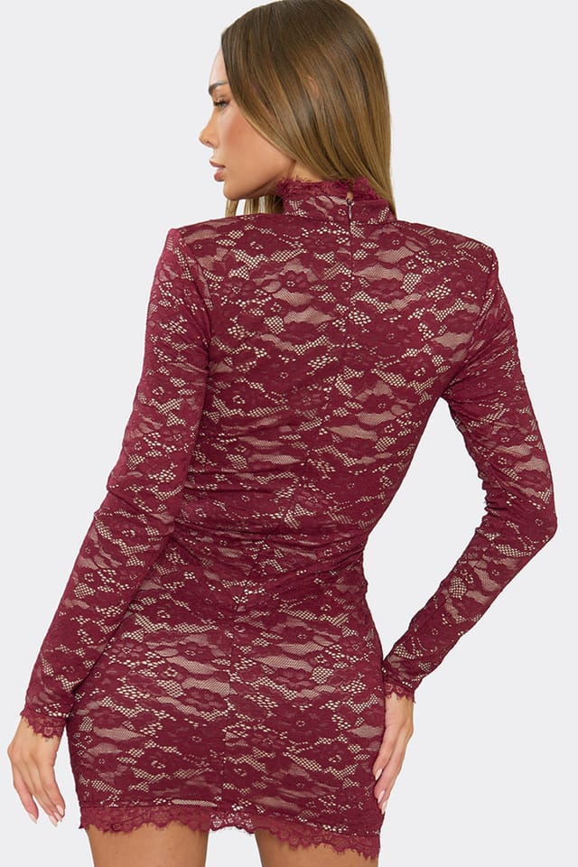 EGO EGO Women's Long Sleeve Mini Dress in Burgundy - 2