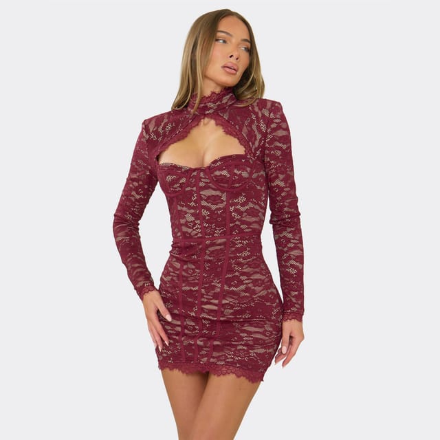 EGO EGO Women's Long Sleeve Mini Dress in Burgundy - 3