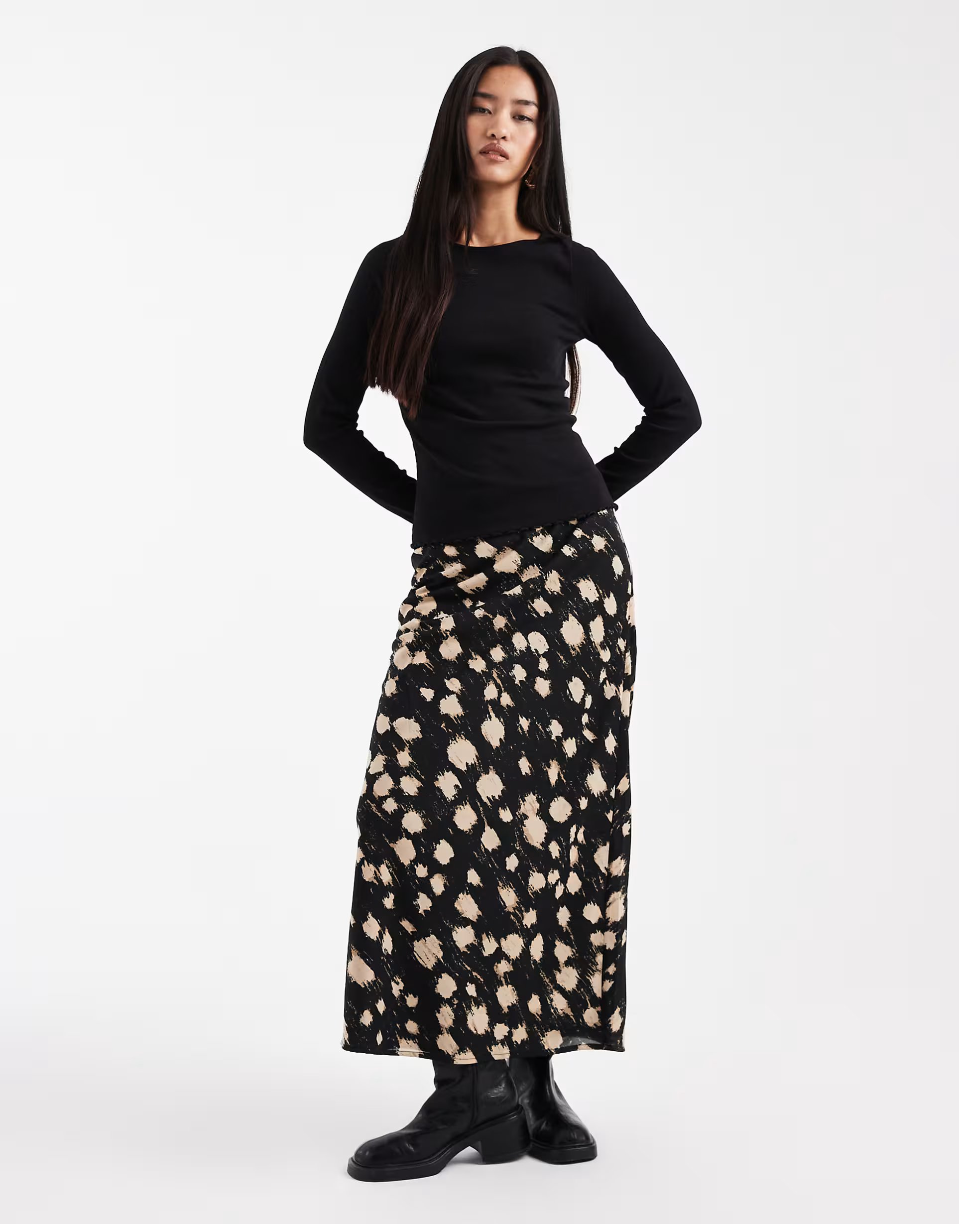 ASOS Wednesday's Girl midaxi satin skirt in black blurred spot - 1