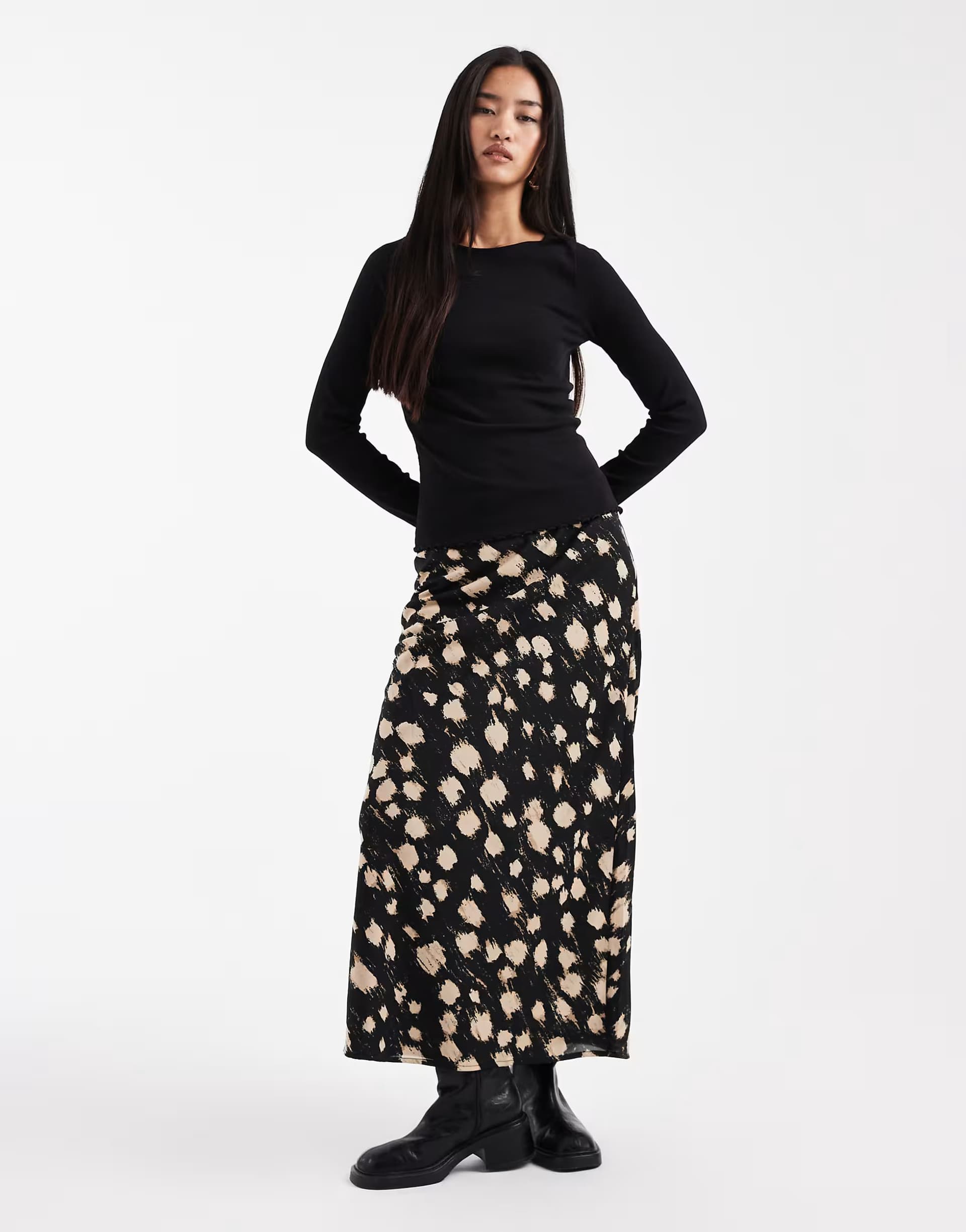ASOS Wednesday's Girl midaxi satin skirt in black blurred spot