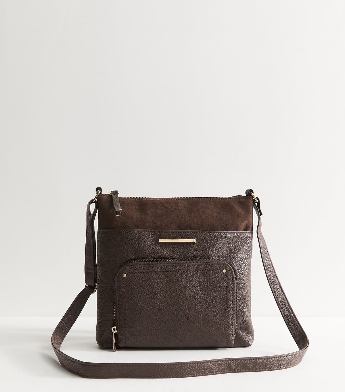 New Look Dark Brown Faux Leather and Suede Messenger Bag New Look