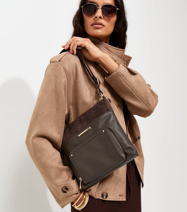 New Look Dark Brown Faux Leather and Suede Messenger Bag New Look - 2