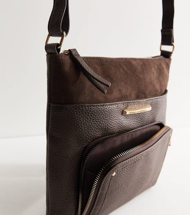 New Look Dark Brown Faux Leather and Suede Messenger Bag New Look - 3