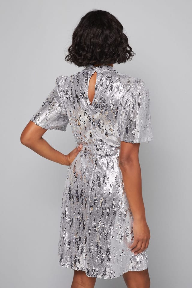 Wallis Wallis Women's Sequin High Neck Shift Dress in Silver - 3