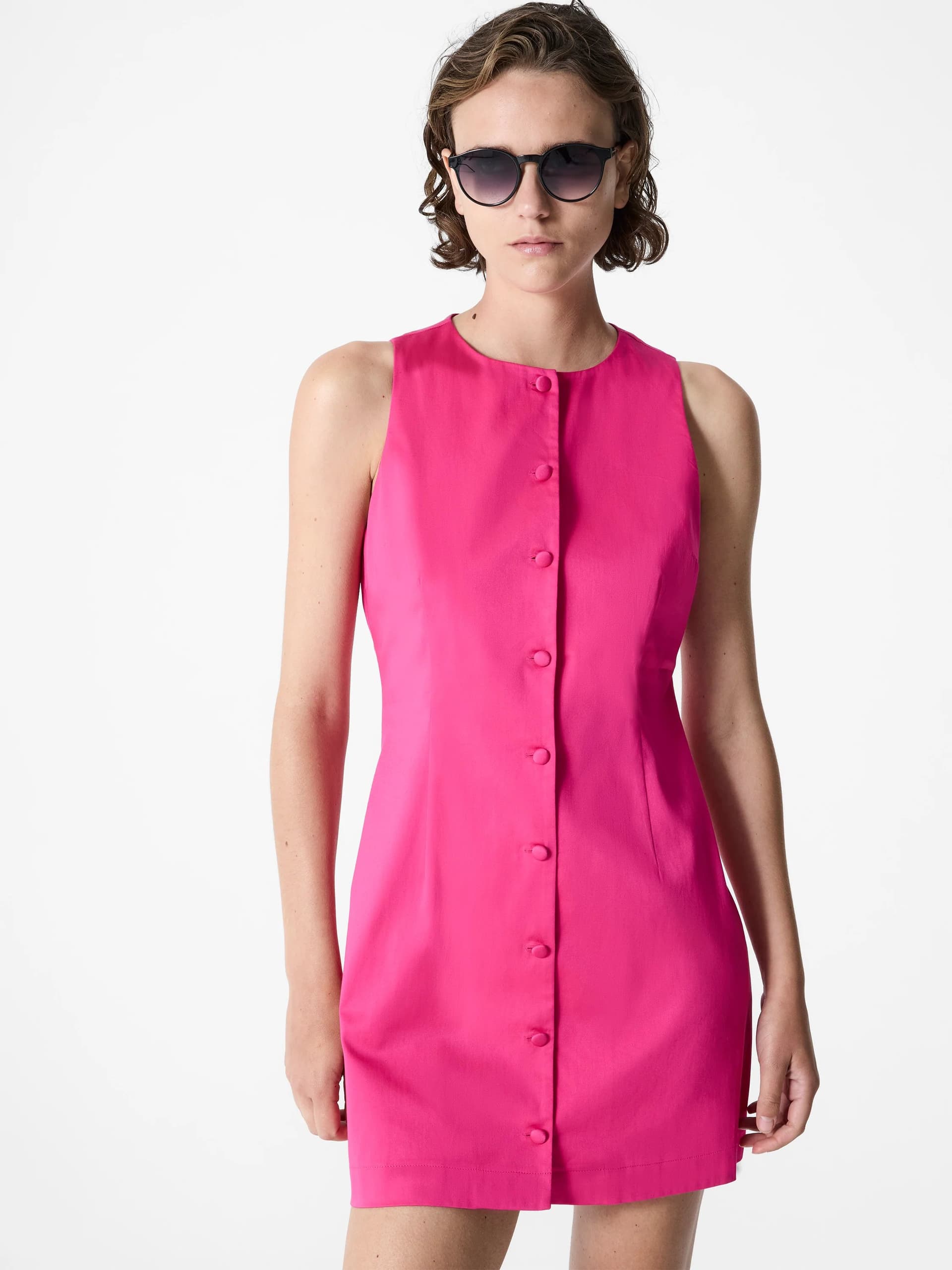 French Connection Cotton Sateen Round Neck Mini Dress Cerise Pink