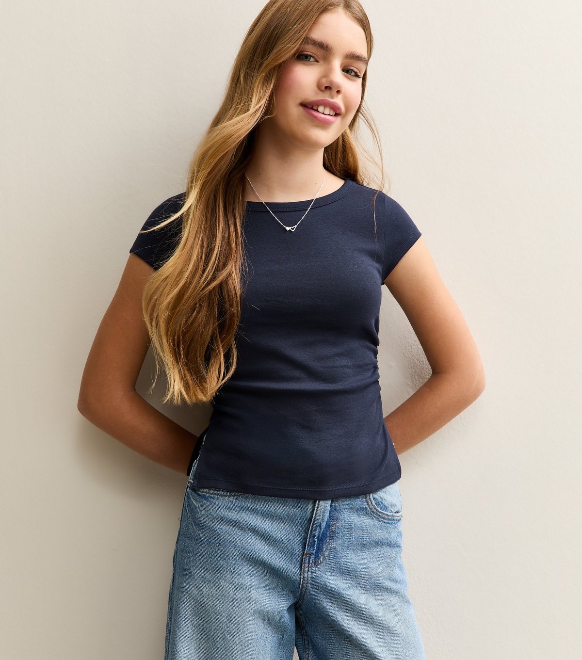 New Look Girls' Navy Split Side Ruched Cap Sleeve Top New Look - 2