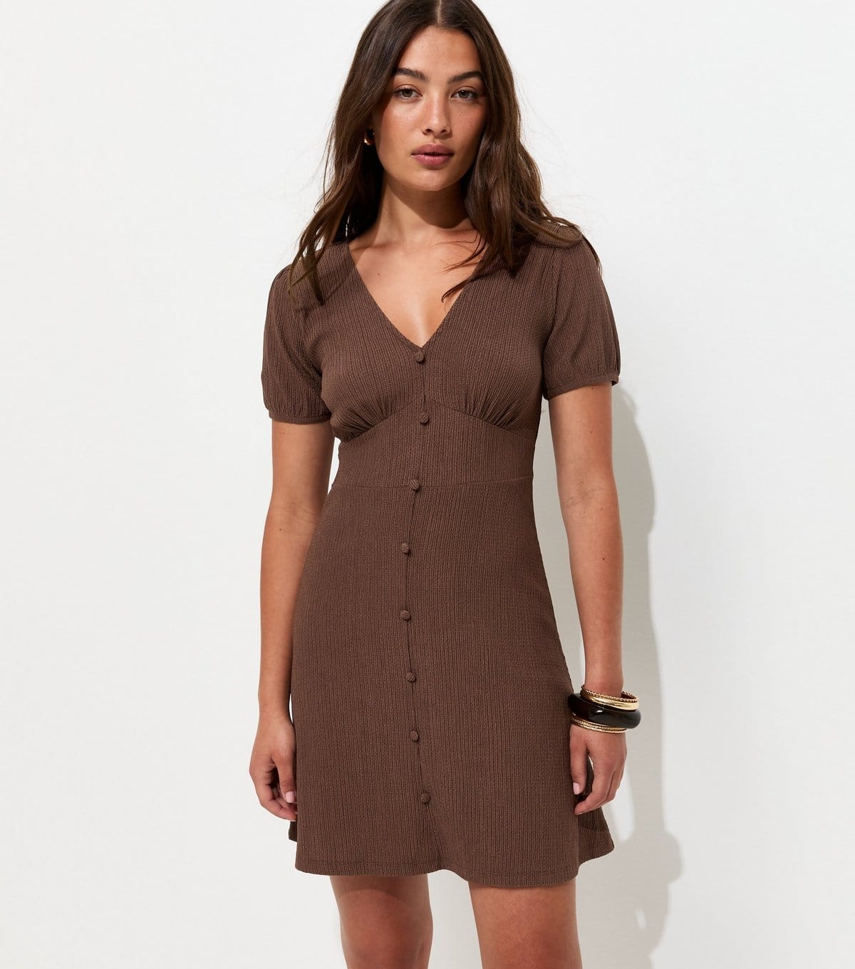 New Look Dark Brown Crinkled Jersey V-Neck Mini Dress