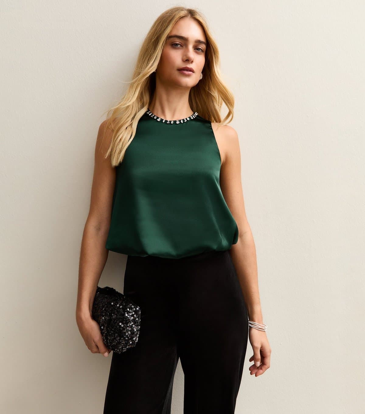 New Look Women's Dark Green Satin Bubble Hem Top New Look