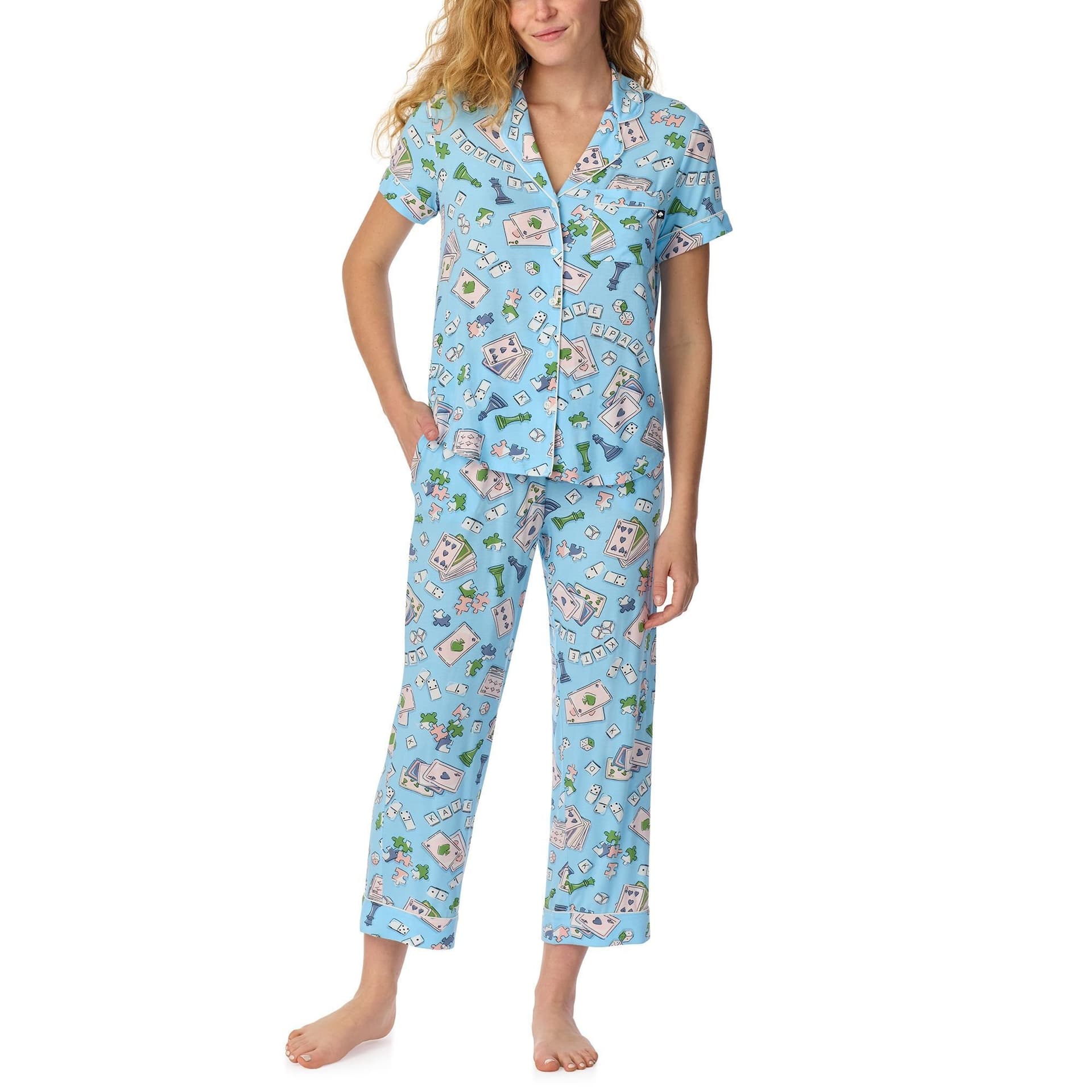 kate spade new york Kate Spade New York Women's Short Sleeve Cropped PJ Set in a Fun Game On Design in Blue