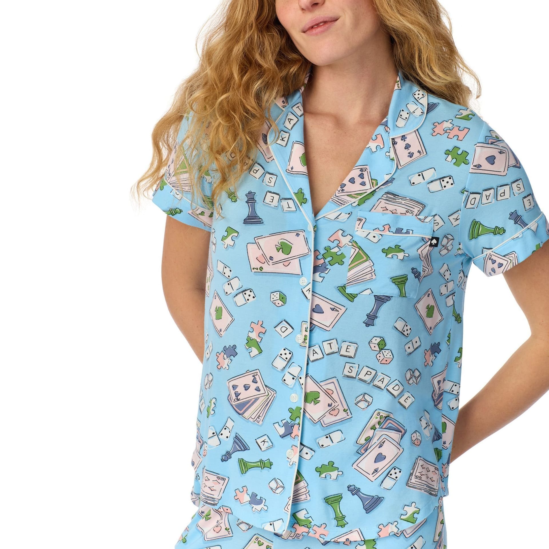 kate spade new york Kate Spade New York Women's Short Sleeve Cropped PJ Set in a Fun Game On Design in Blue - 4