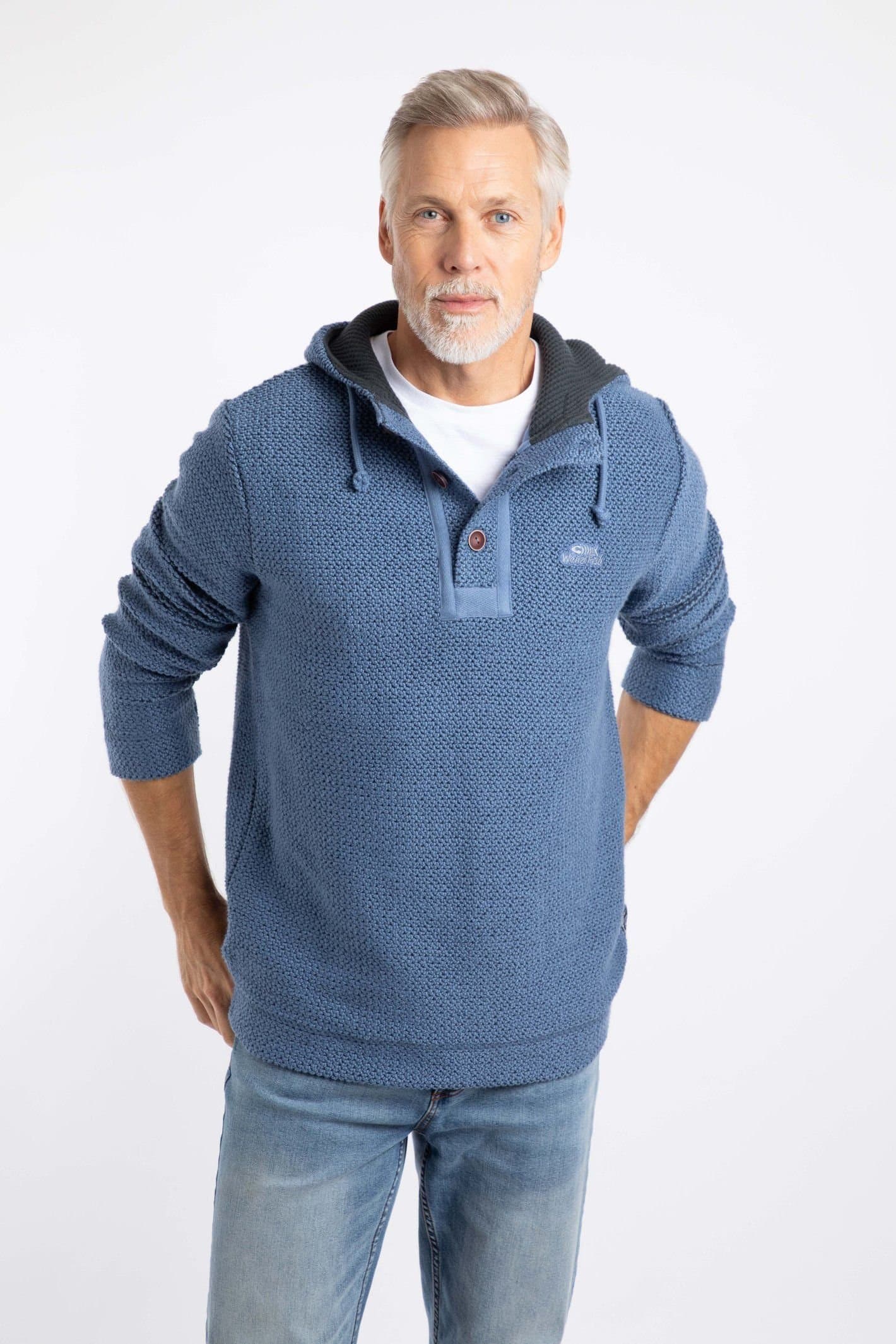 Weird Fish Weird Fish Men's Bakersfield Button Neck Macaroni Hoodie in Mid Blue