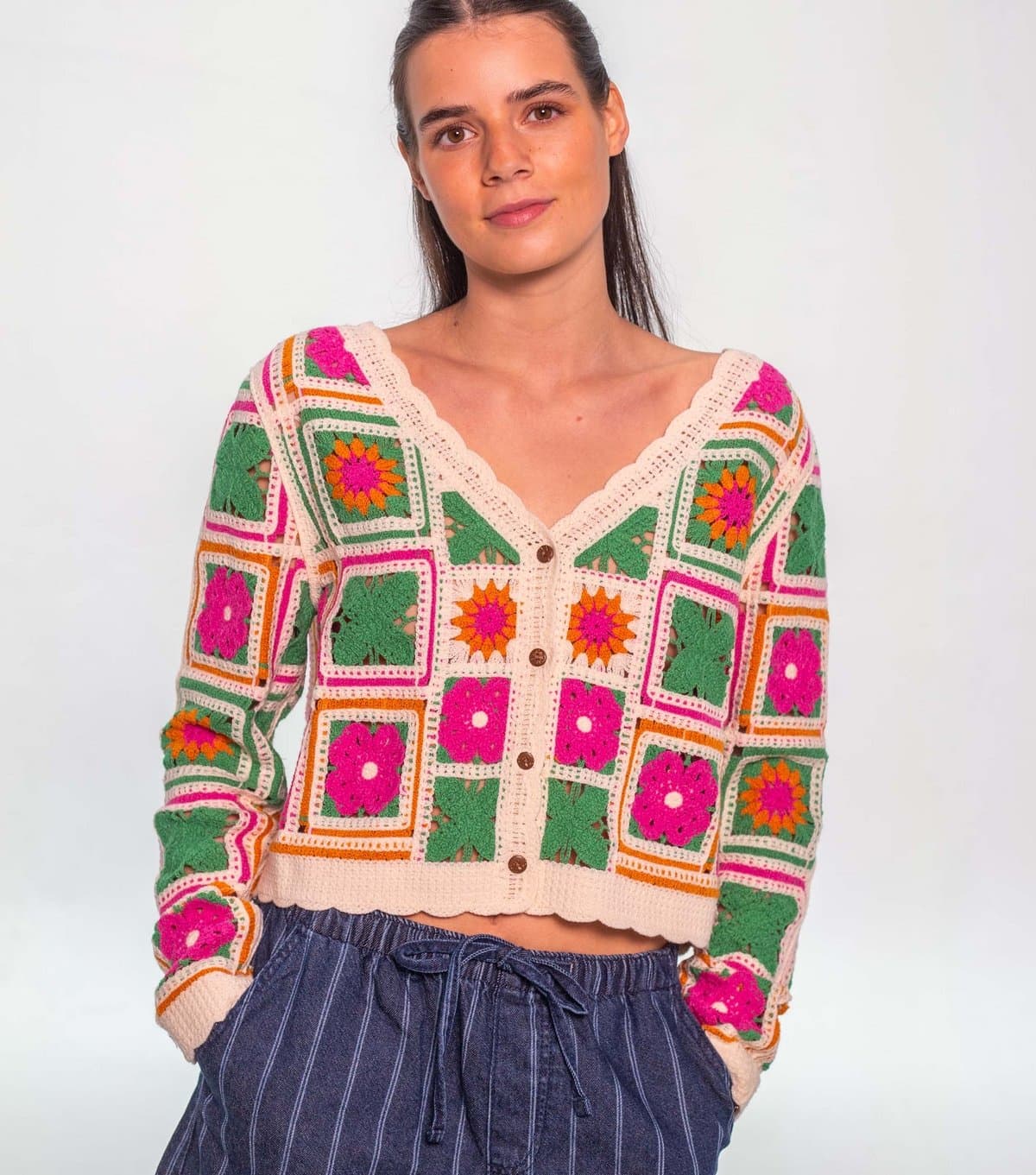 Sunshine Soul Women's Multicolour Crochet Knit V-Neck Cardigan Sunshine Soul New Look