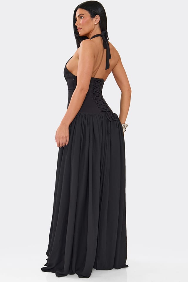EGO EGO Women's Corset Style Sleeveless Lace Up Woven Maxi Dress in Black - 2