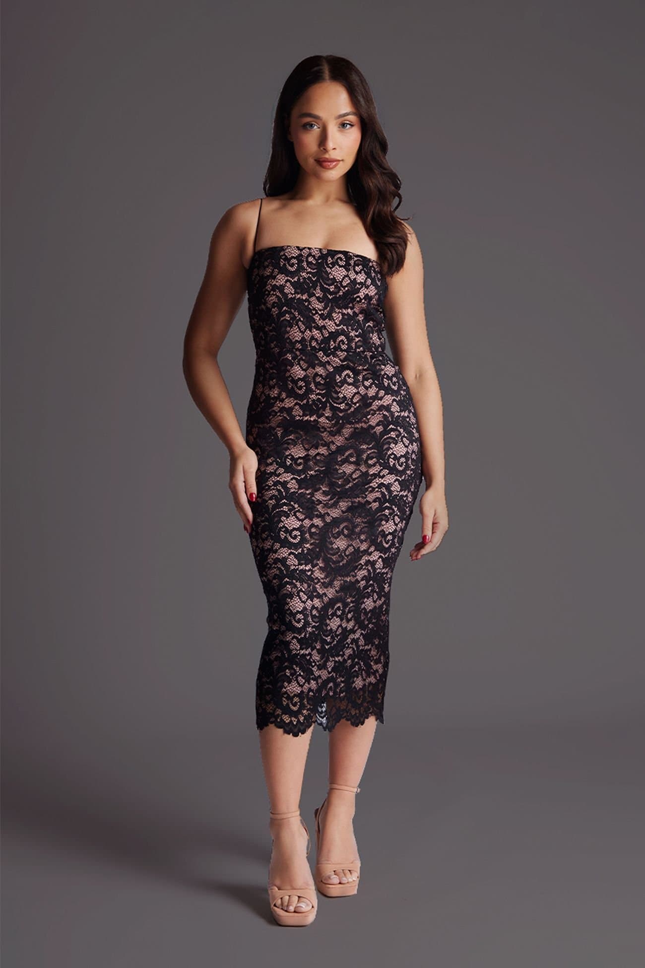 Vesper Vesper Women's Petite Lace Overlay Midaxi Dress with Spaghetti Straps in Black