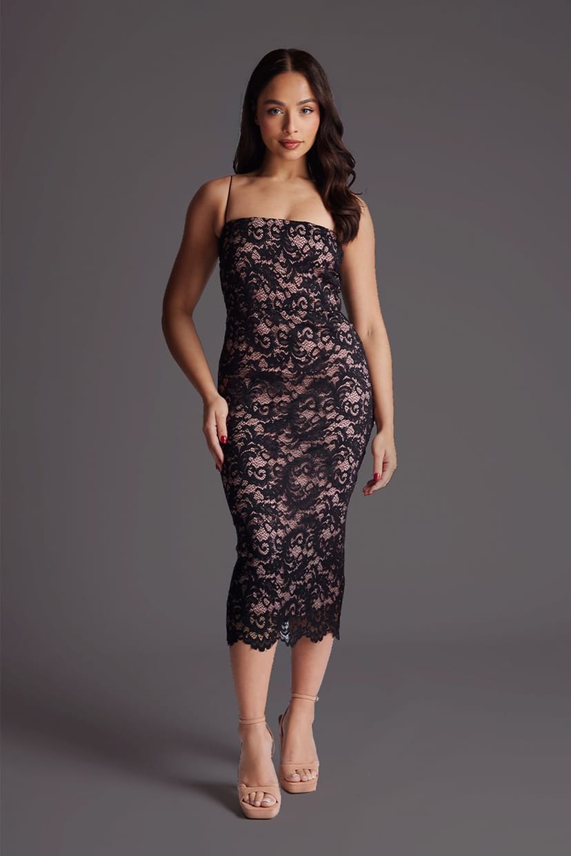 Vesper Vesper Women's Petite Lace Overlay Midaxi Dress with Spaghetti Straps in Black - 1