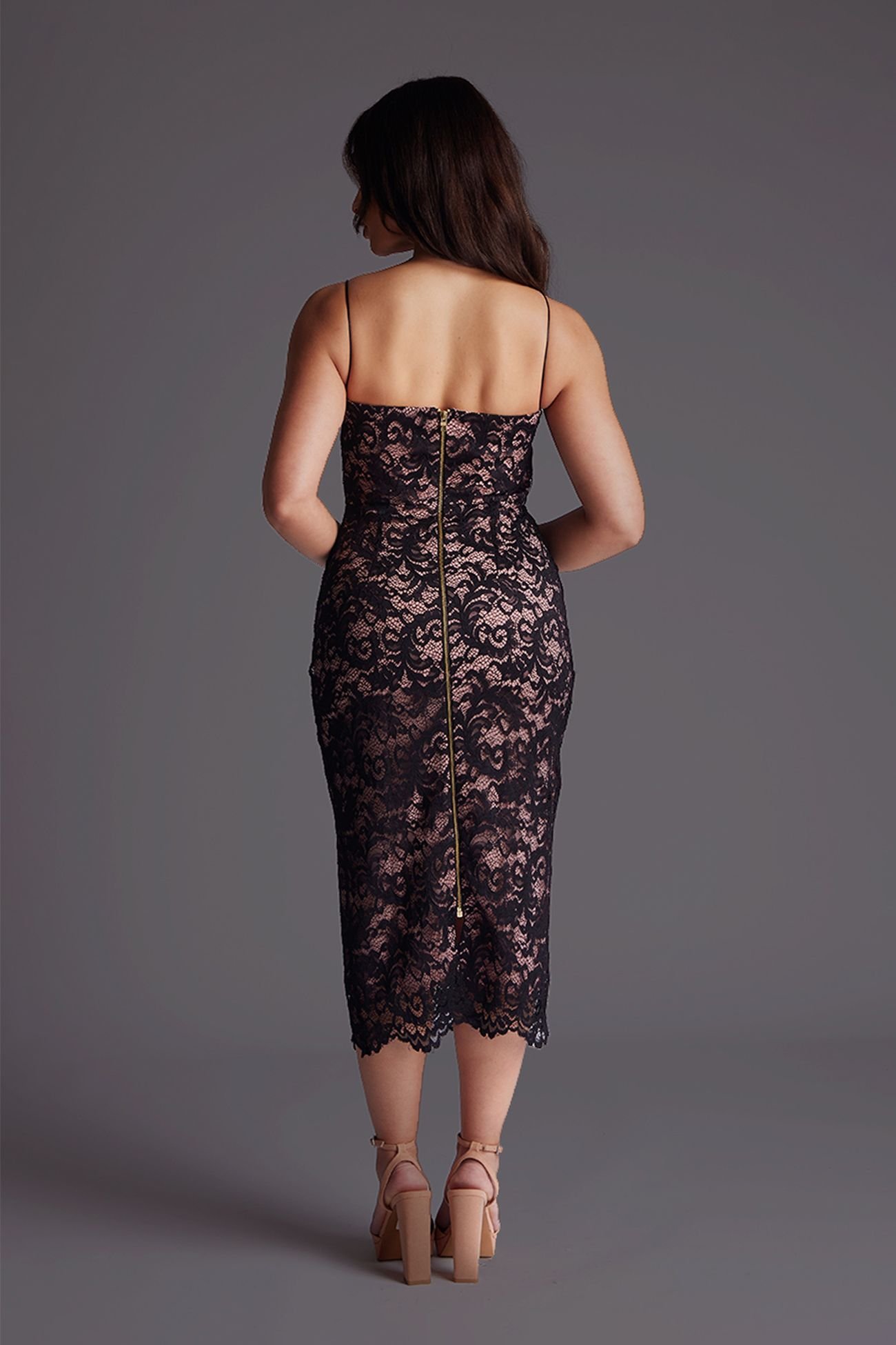 Vesper Vesper Women's Petite Lace Overlay Midaxi Dress with Spaghetti Straps in Black - 4