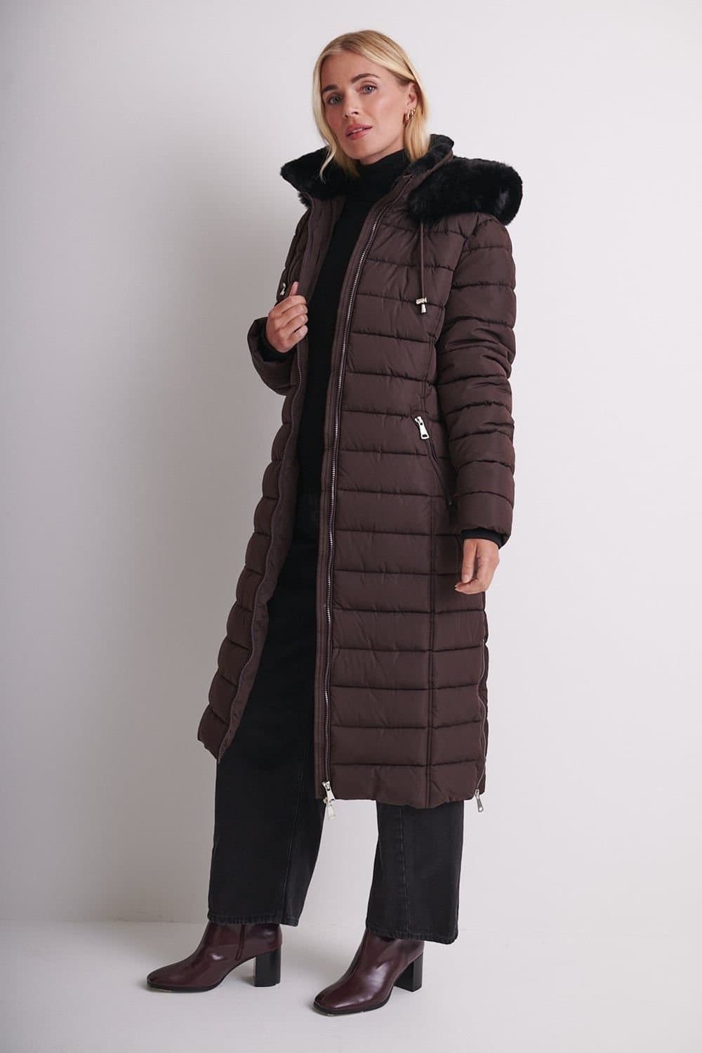 Klass. Klass. Women's Faux Fur Trimmed Long Puffer Coat in Chocolate