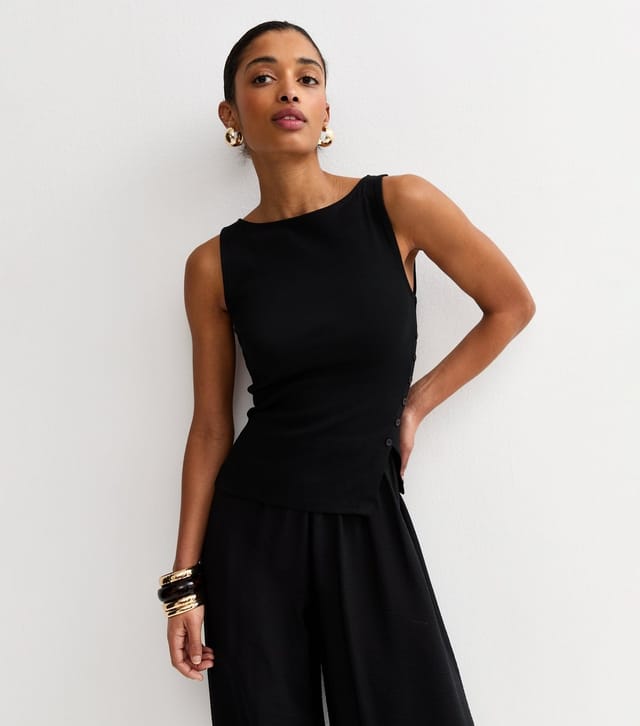 New Look Women's Black Asymmetric Hem Button Side Vest Top New Look - 2