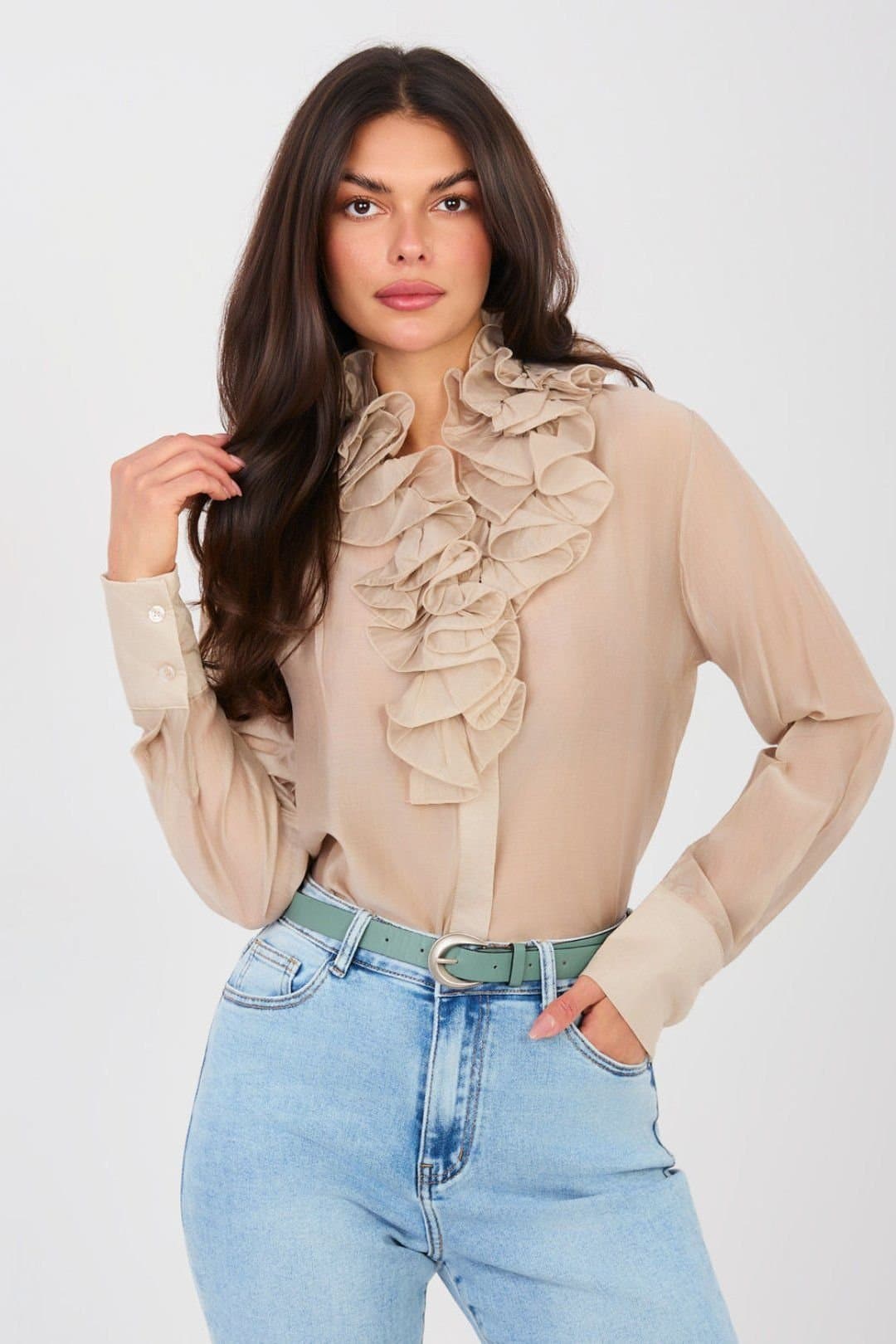 Love Lace Love Lace Women's Jabot Tencel Sheer Long Sleeve Blouse in Beige