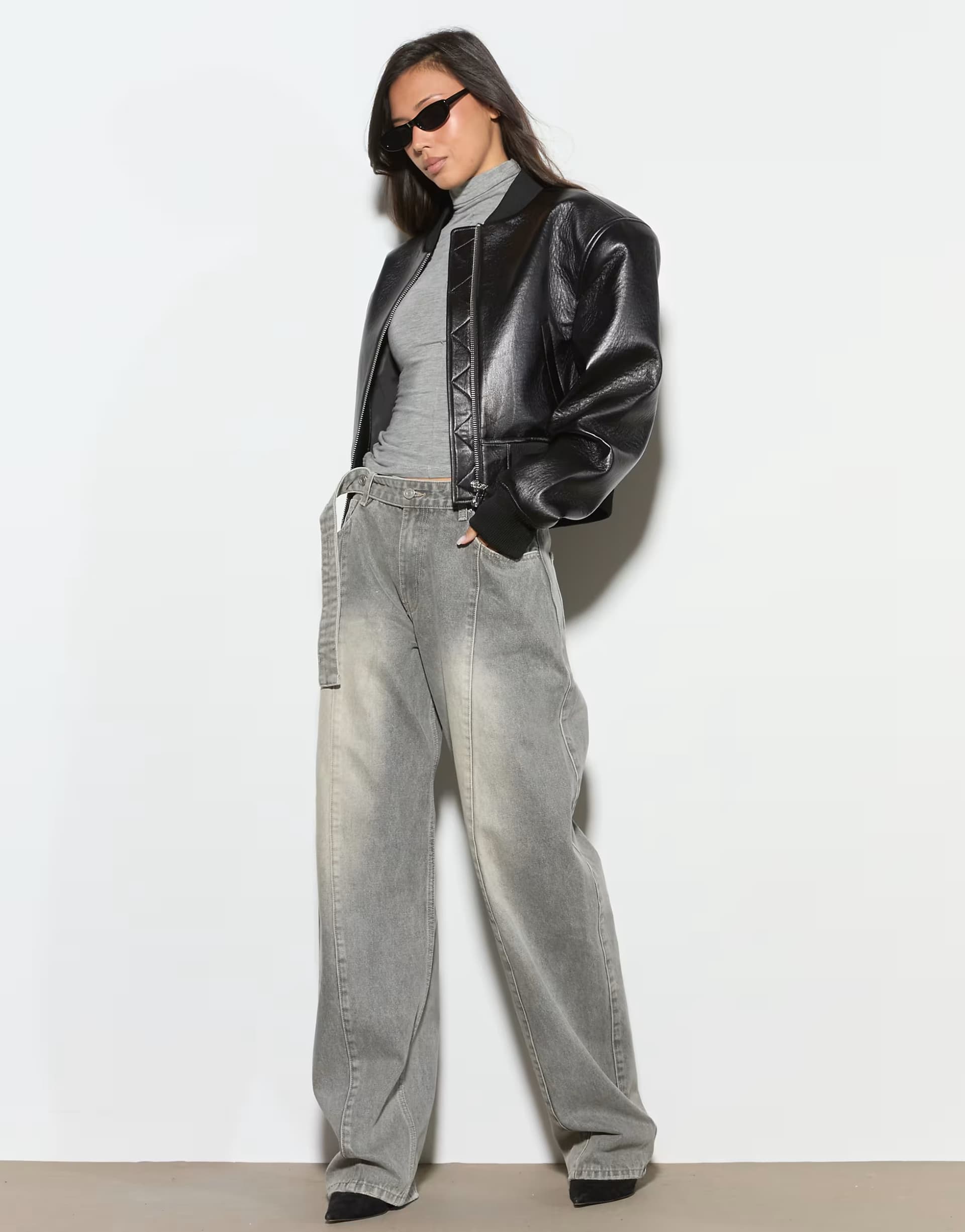 ASOS Noughts & Kisses Lillia belt detail seam front straight leg jeans in grey acid wash