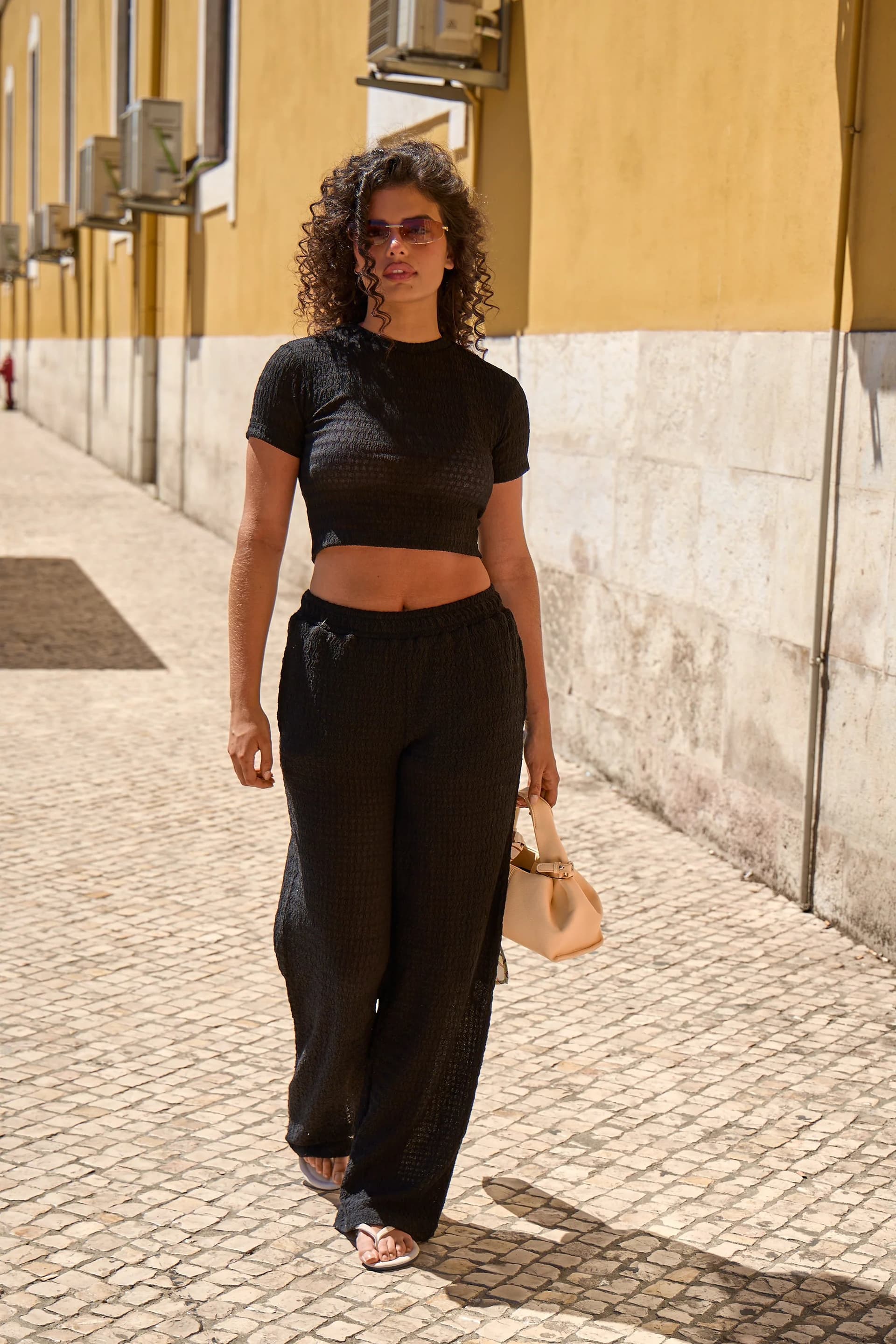 Kaiia Kaiia Textured Wide Leg Beach Trousers Black