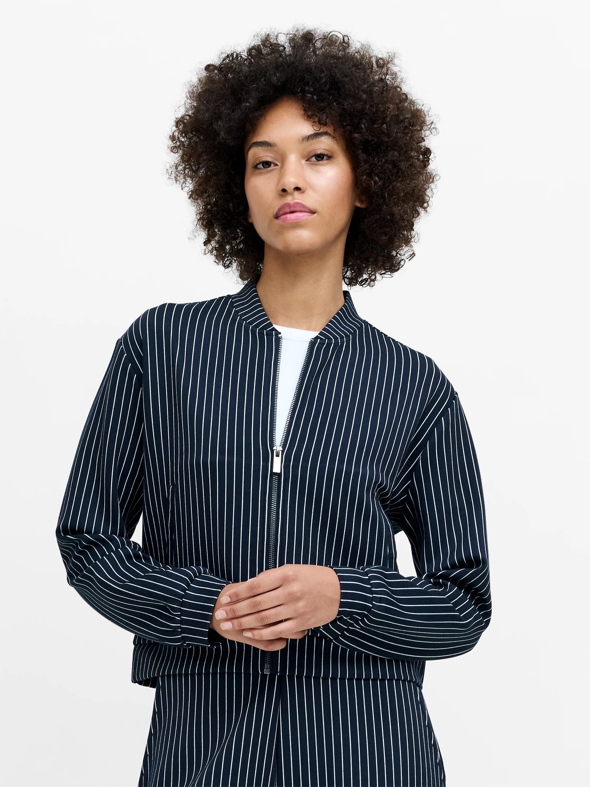 French Connection Wren Pinstripe Navy Blue Bomber Jacket New Navy Blue/Linen White