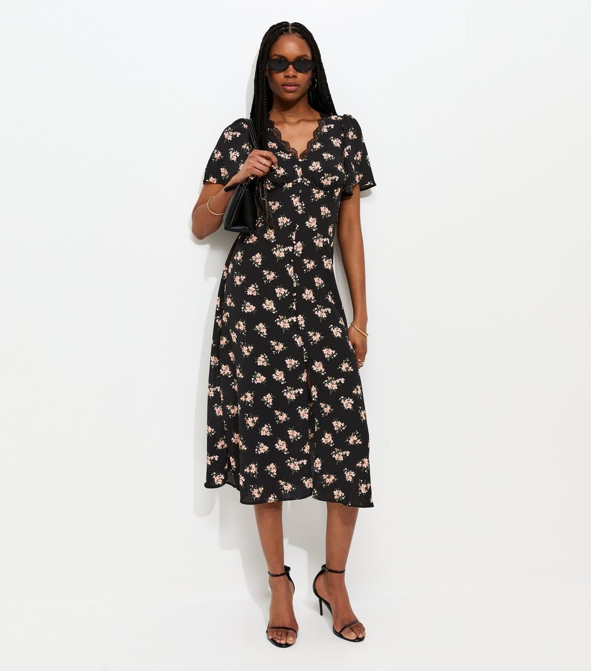 New Look Women's Black Floral Lace V-Neck Button Midi Dress New Look