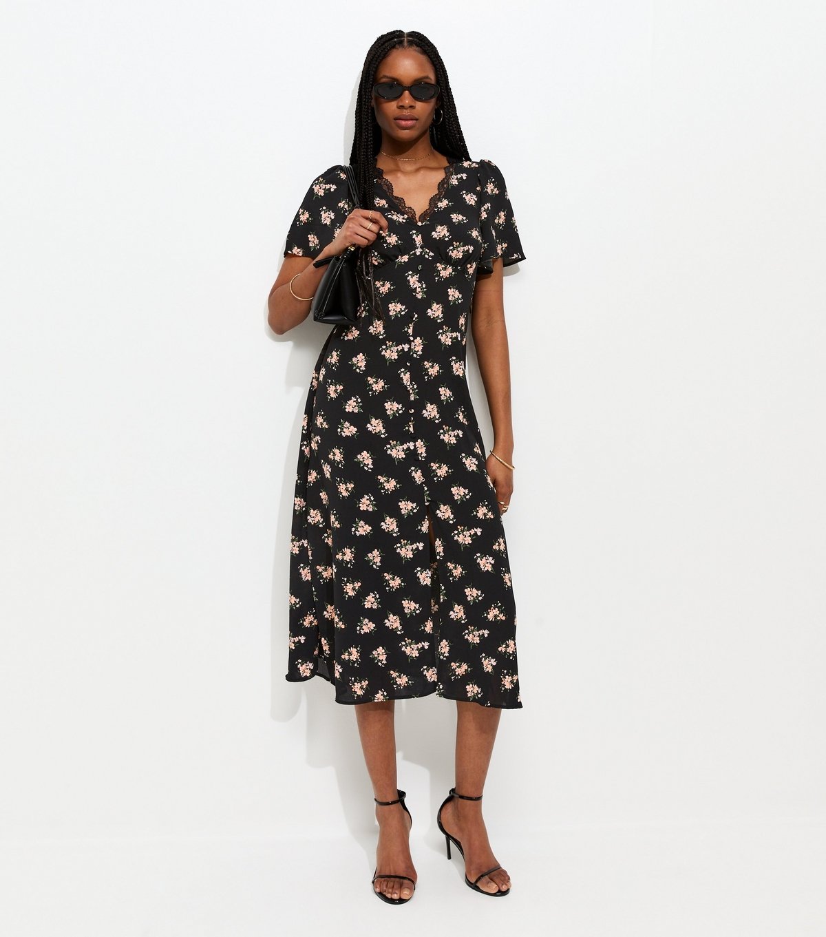 New Look Women's Black Floral Lace V-Neck Button Midi Dress New Look - 2