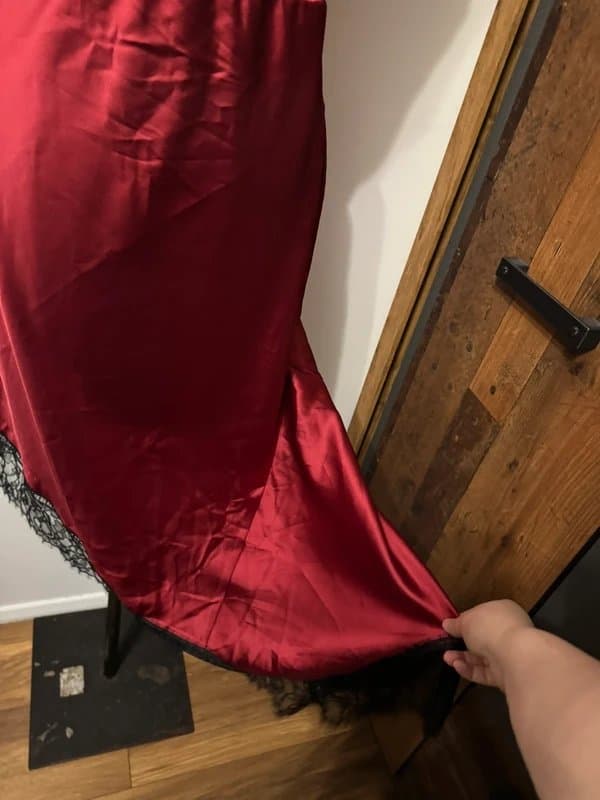 ASOS Design red asymmetrical midi dress black lace trim satin silk elastic waist