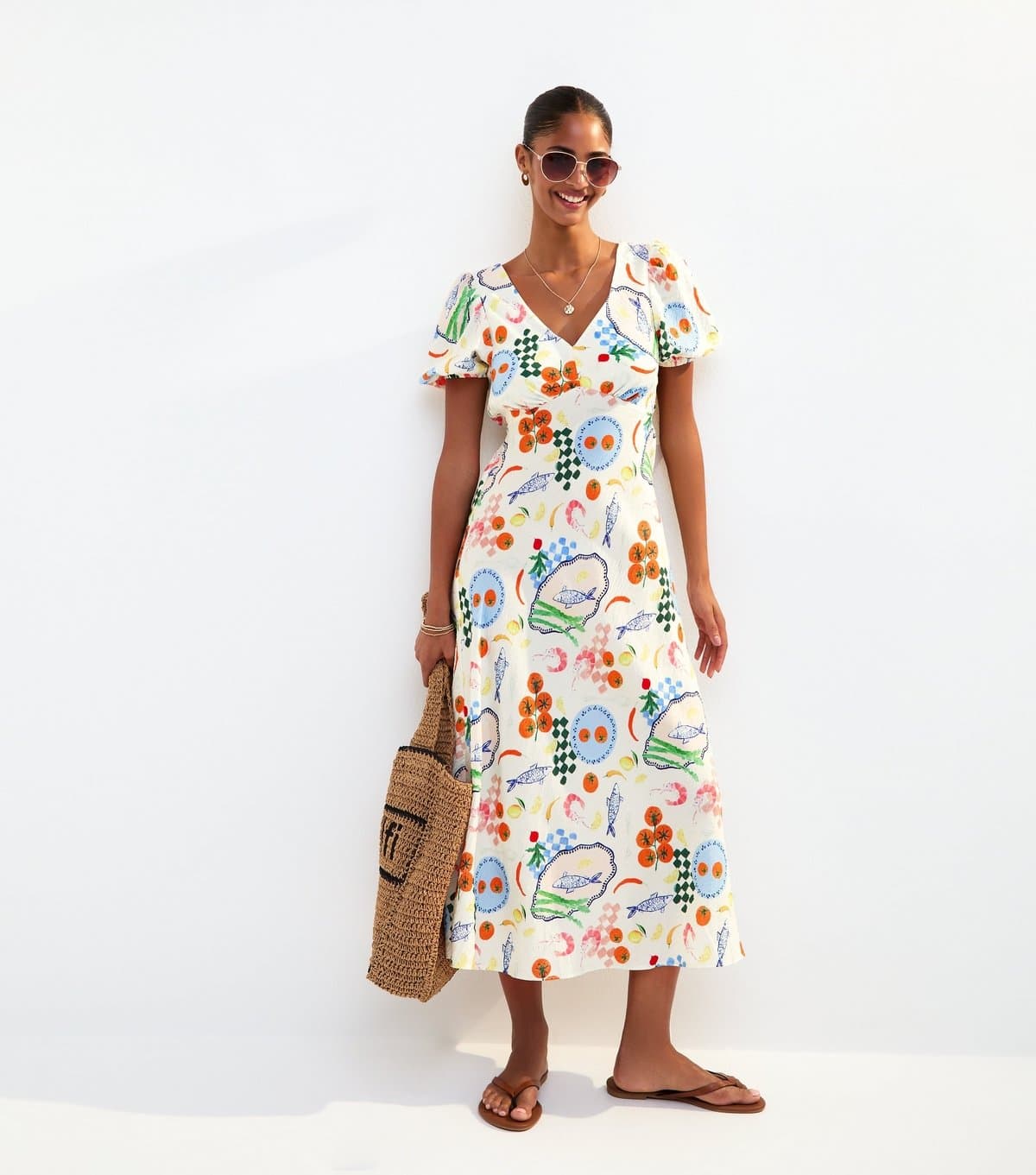 New Look Women's Cream Fish Print Textured Puff Sleeve Midi Dress New Look