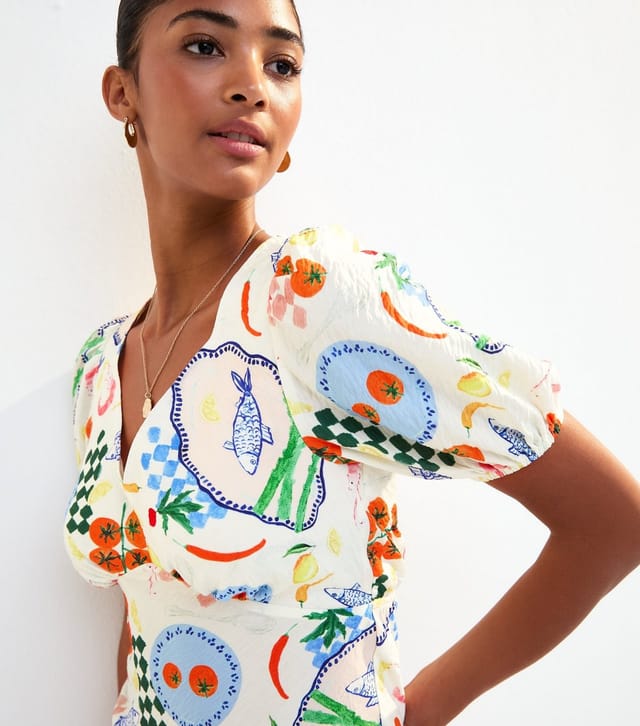 New Look Women's Cream Fish Print Textured Puff Sleeve Midi Dress New Look - 2