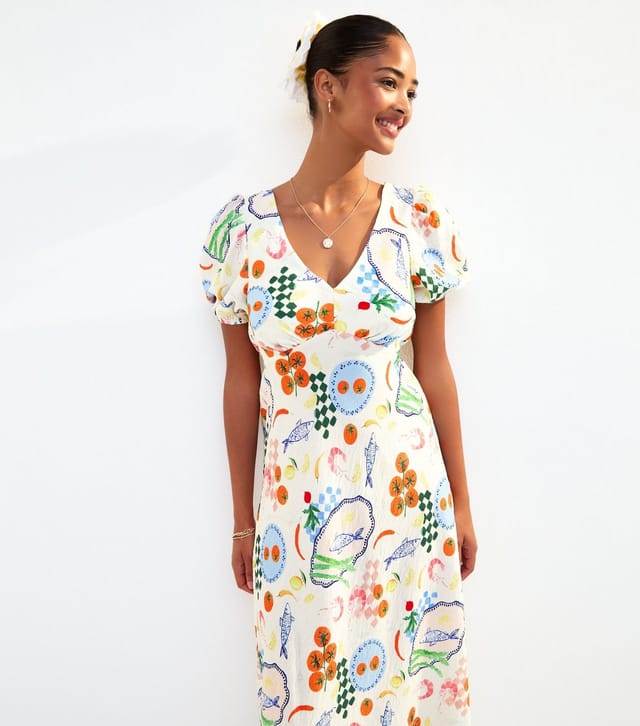 New Look Women's Cream Fish Print Textured Puff Sleeve Midi Dress New Look - 3