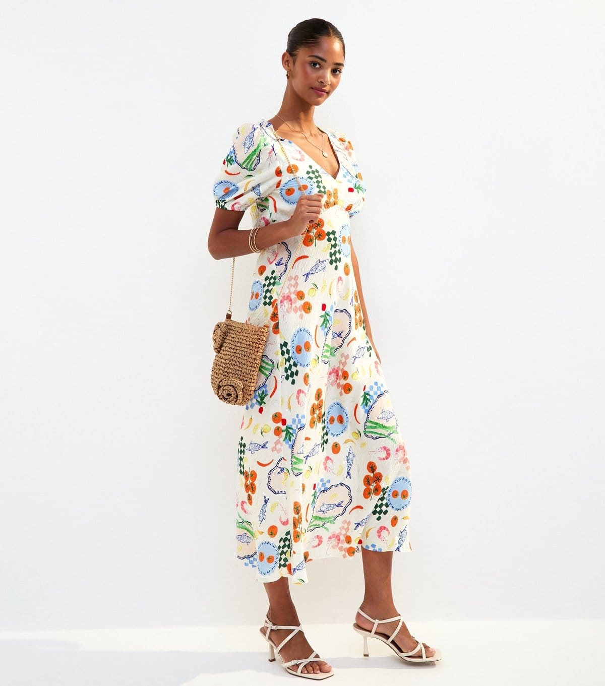 New Look Women's Cream Fish Print Textured Puff Sleeve Midi Dress New Look - 4