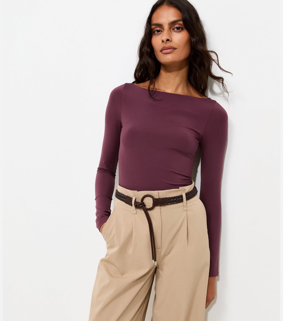 New Look Women's Dark Burgundy Long Sleeve Slash Neck Bodysuit New Look