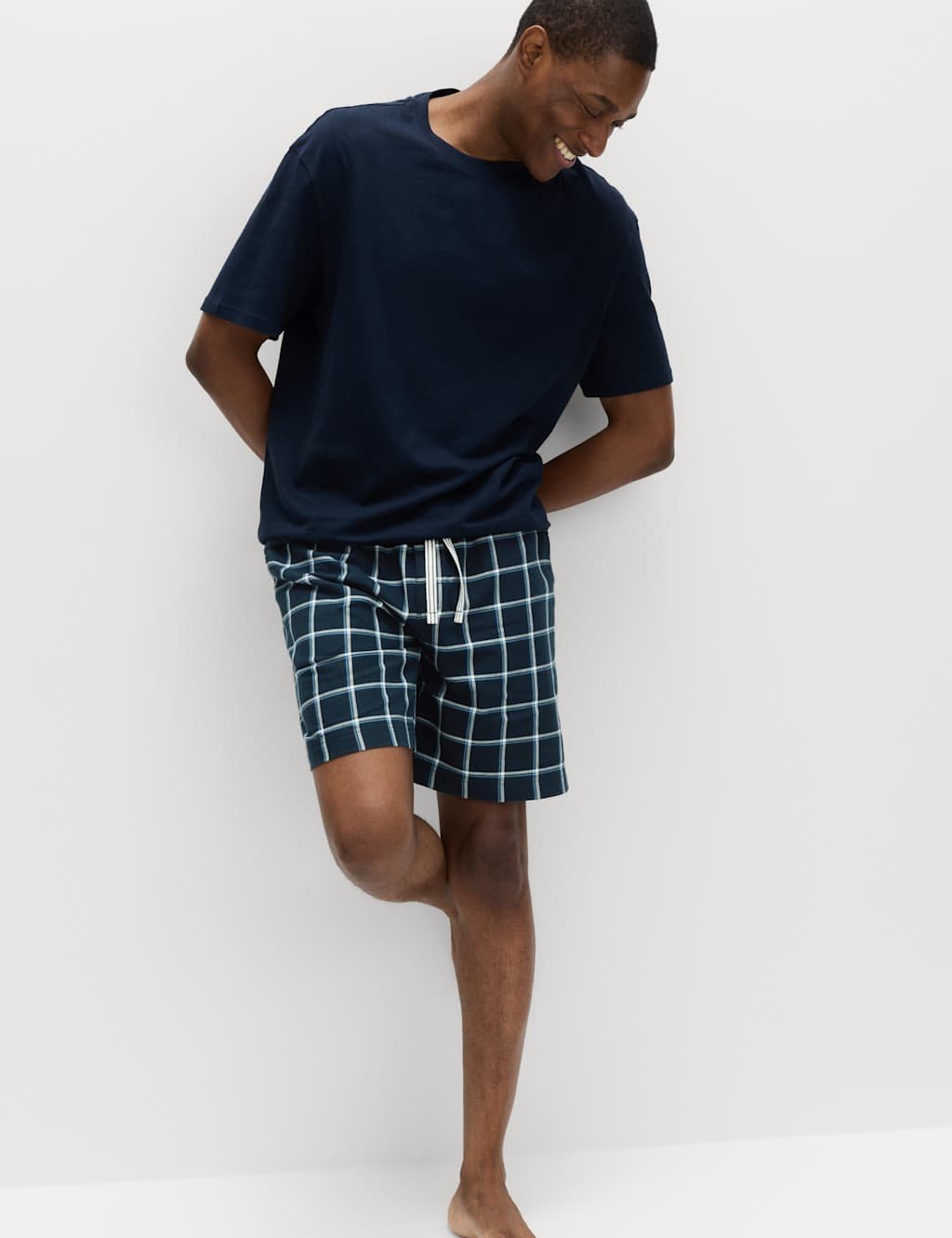 Marks & Spencer M&S Pure Cotton Woven Checked Pyjama Shorts Navy Mix - 3
