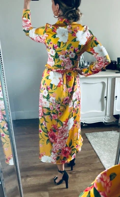 Never Fully Dressed Never Fully Dressed yellow pink green floral print satin wrap midi dress size 8