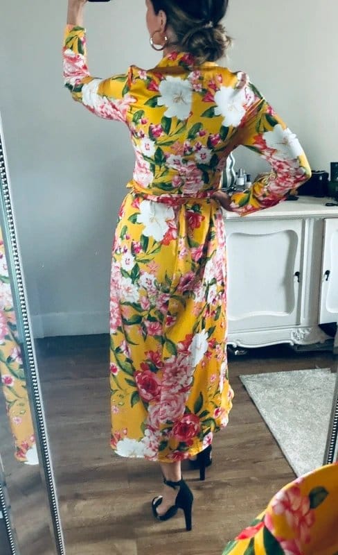 Never Fully Dressed Floral Print Satin Wrap Midi Dress