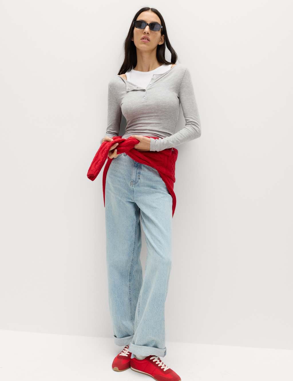 Marks & Spencer M&S Double Layer Henley Top Grey Mix - 3