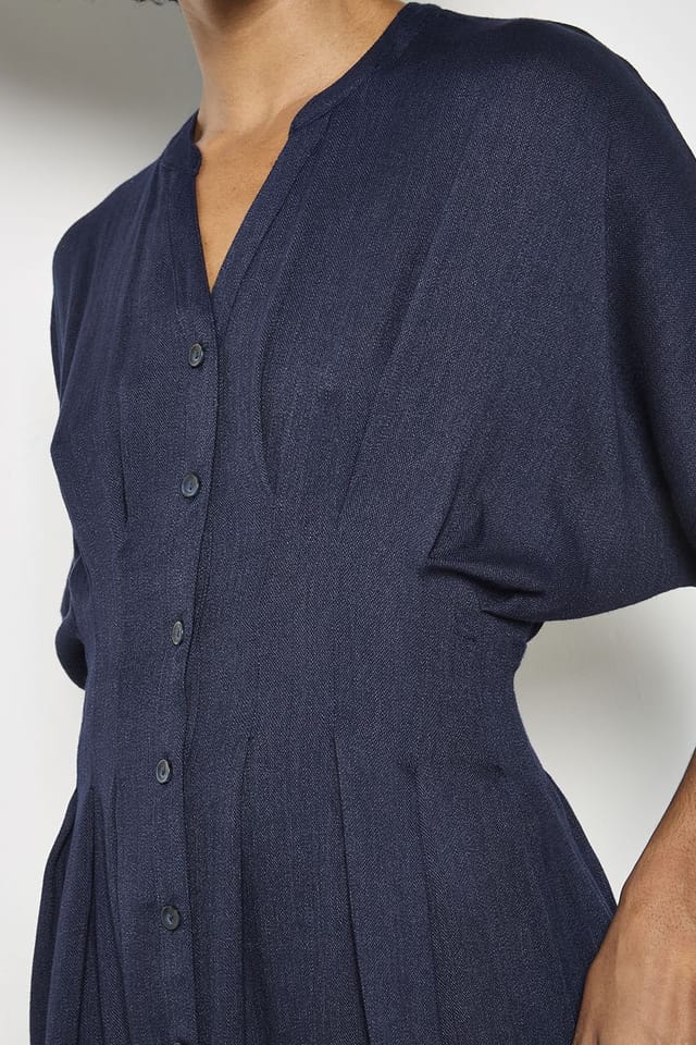 Apricot Apricot Women's Pleated Shirt Midi Dress in Navy - 2