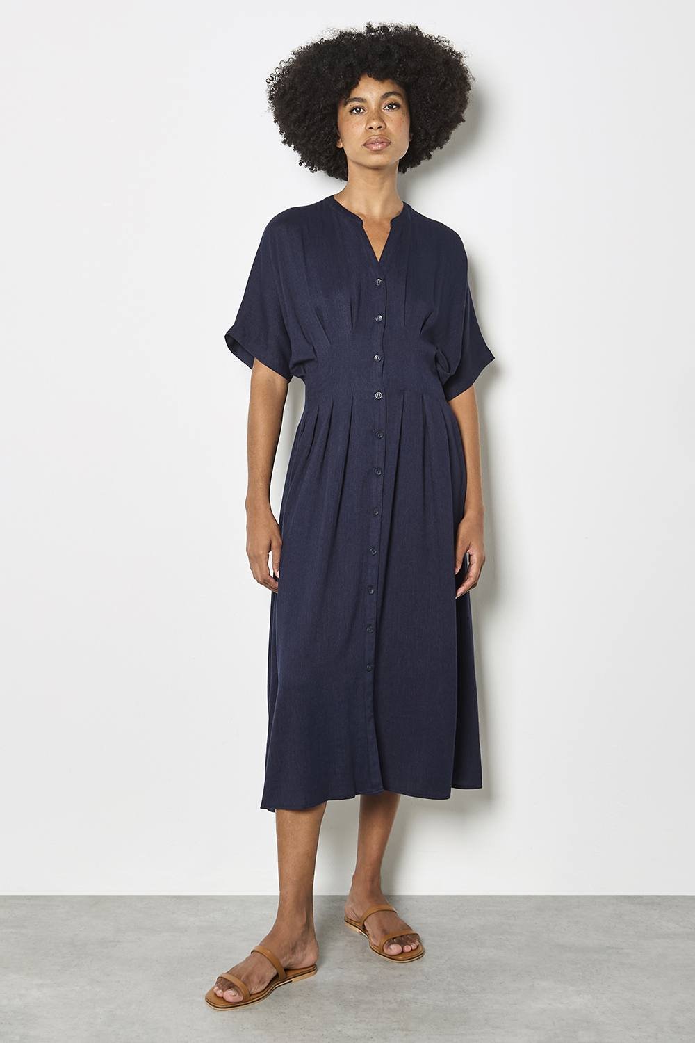 Apricot Apricot Women's Pleated Shirt Midi Dress in Navy - 3