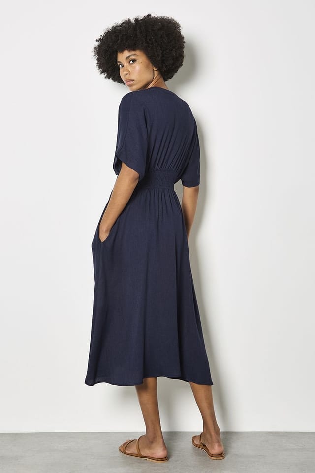 Apricot Apricot Women's Pleated Shirt Midi Dress in Navy - 3
