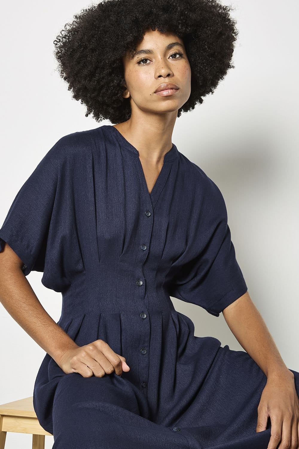 Apricot Apricot Women's Pleated Shirt Midi Dress in Navy - 4