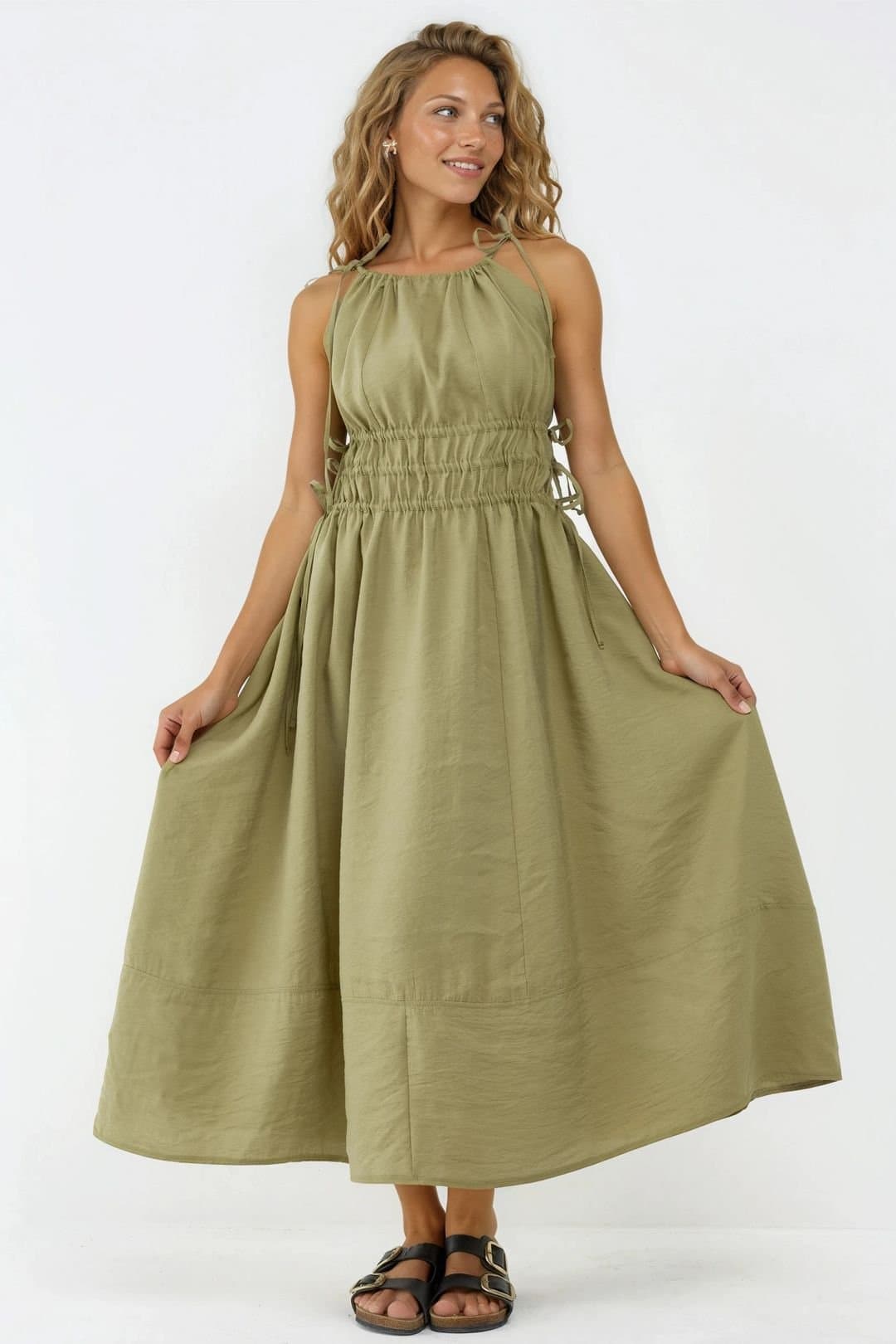 Busem Busem Women's Ruched Strap Midi Dress in Olive