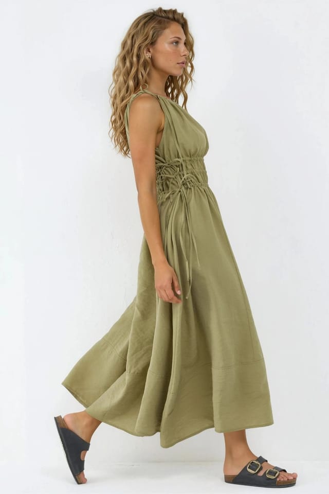 Busem Busem Women's Ruched Strap Midi Dress in Olive - 2
