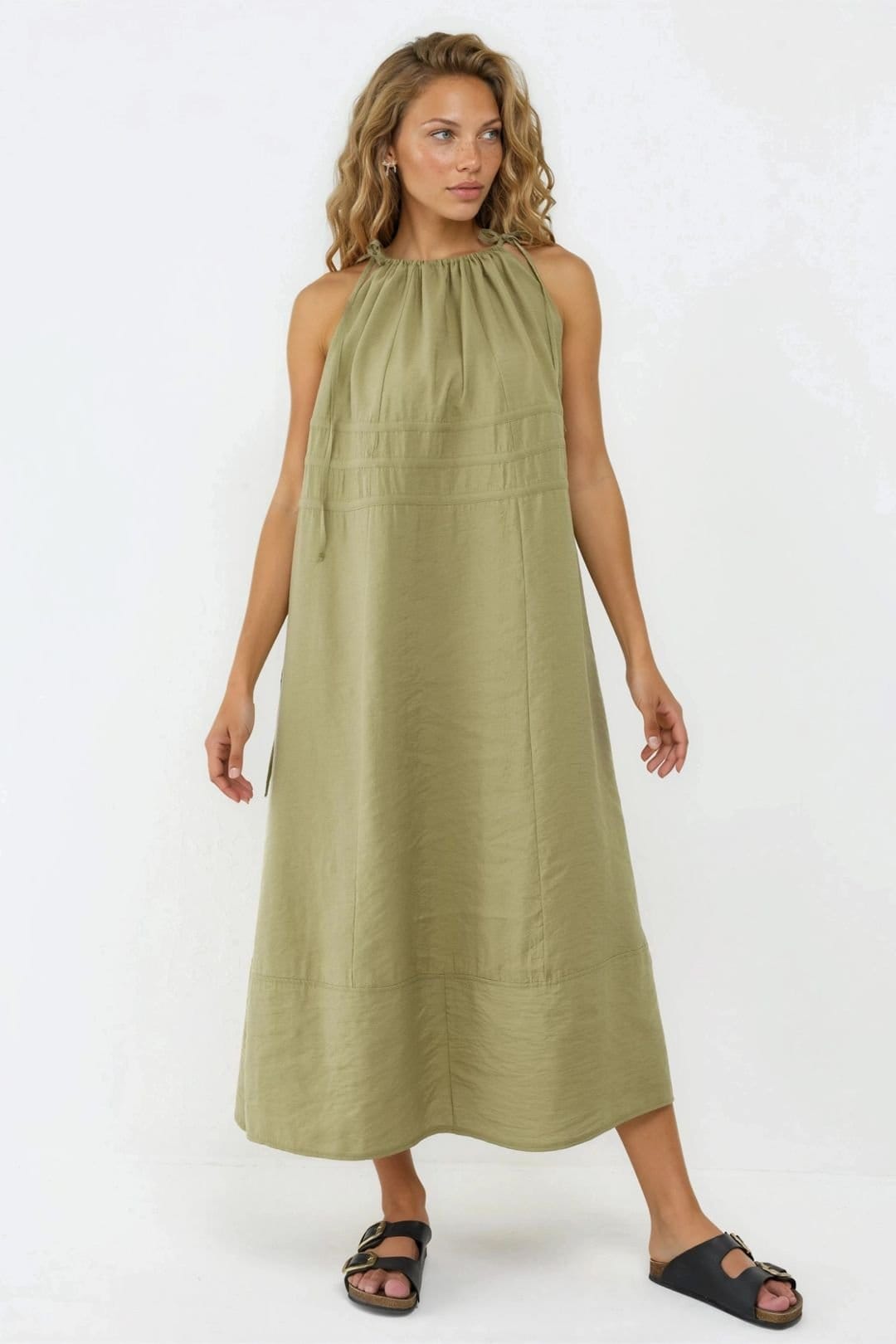 Busem Busem Women's Ruched Strap Midi Dress in Olive - 4