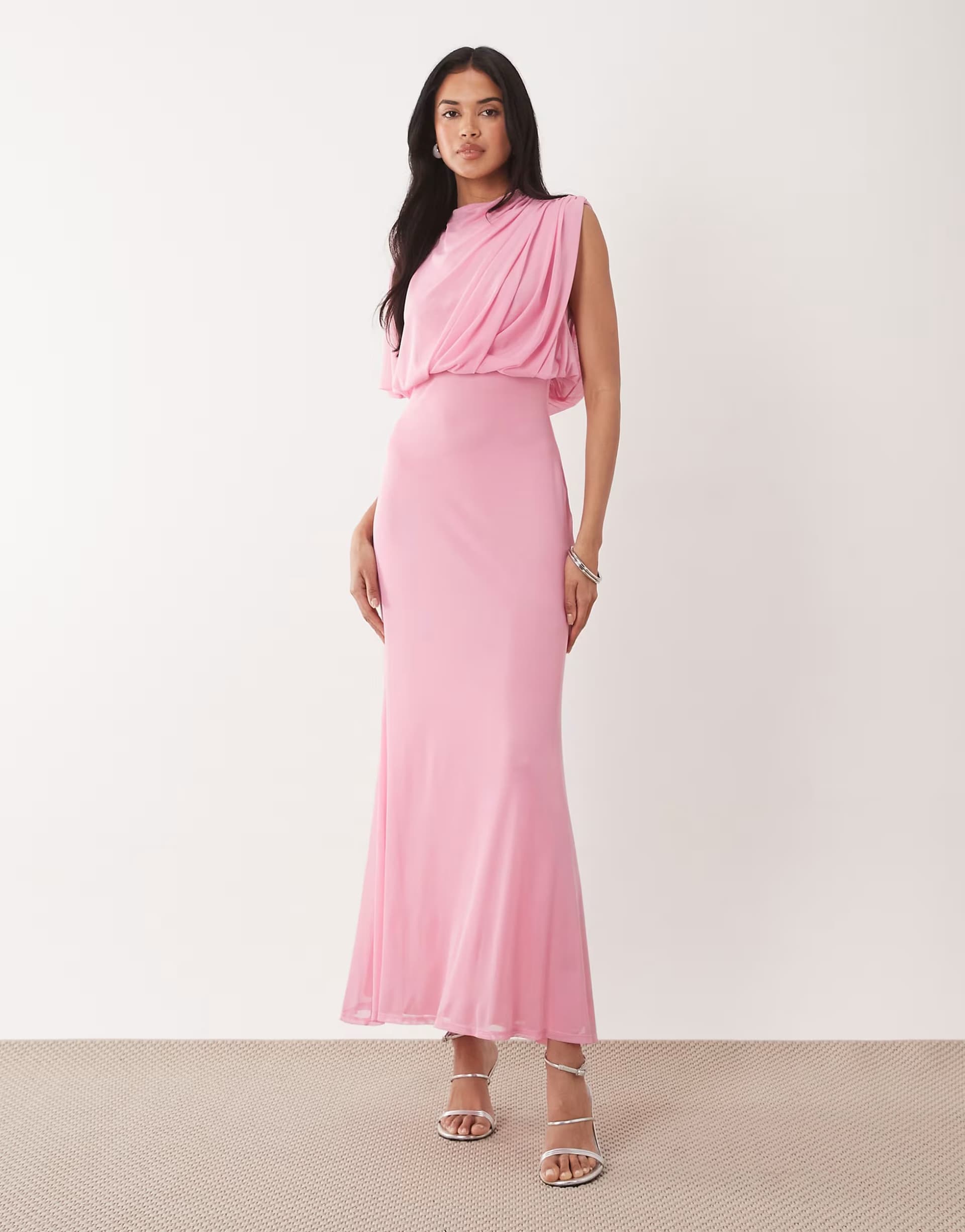ASOS ASOS DESIGN mesh asymmetric cap sleeve blouson bodice midi dress in pink