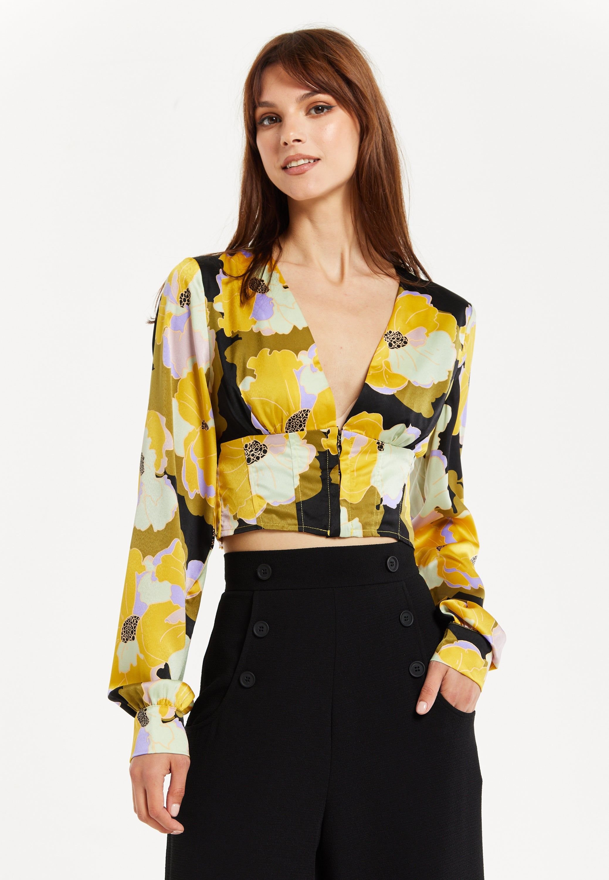 Liquorish Liquorish Women's Earth Tone Floral Print Crop Top in Black - 3