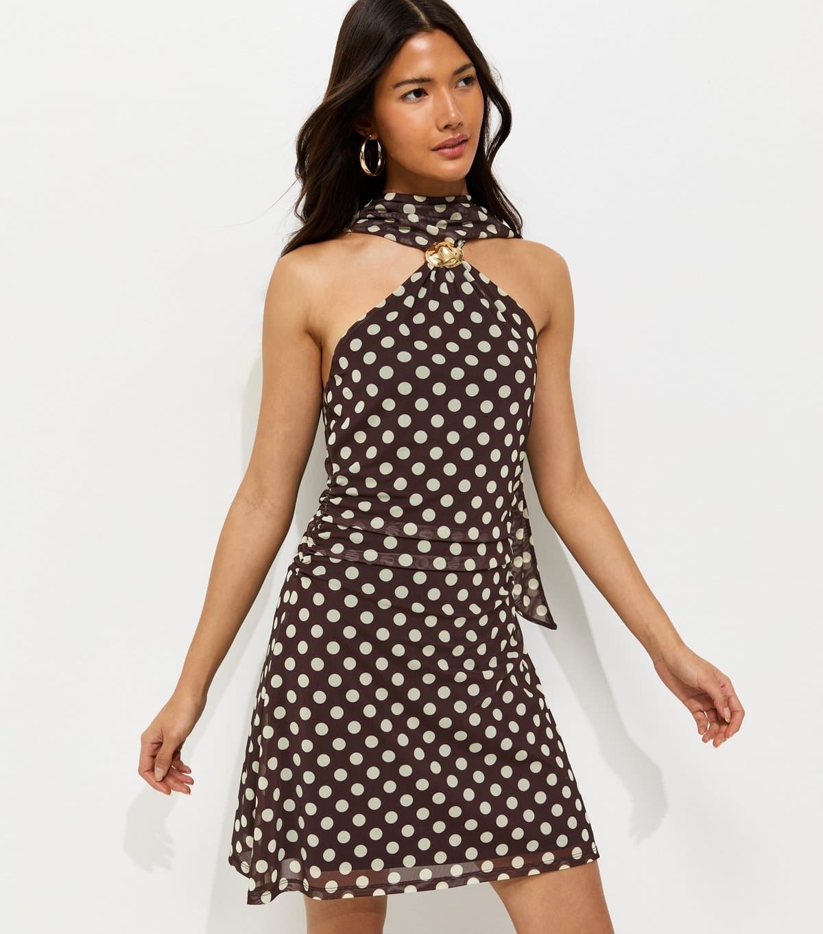 New Look Women's Brown Polka Dot Halter Neck Mesh Mini Dress New Look
